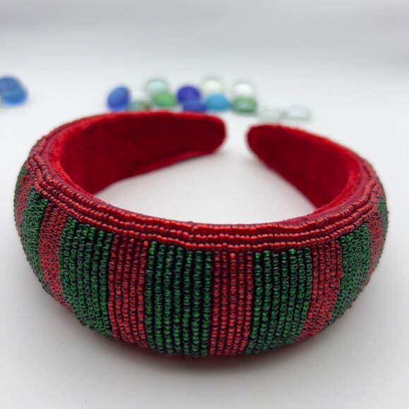 Handmade beaded headbands, Red and Green Vertical pattern - Picture 2 of 3